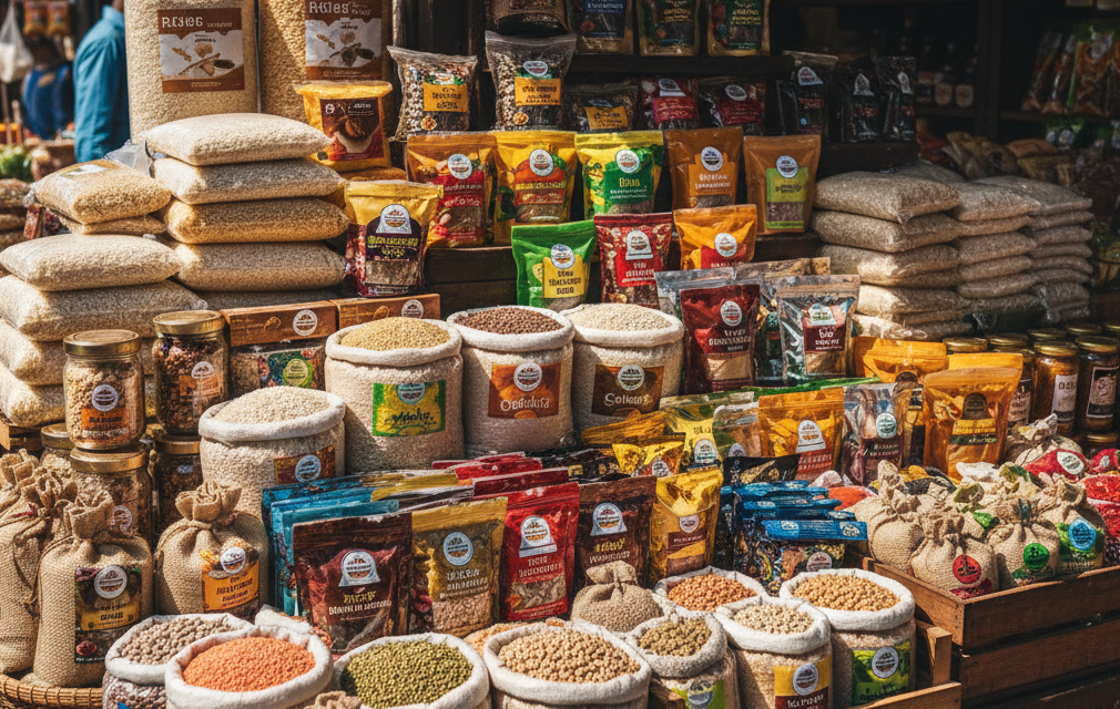 Food products warehouse with forklift