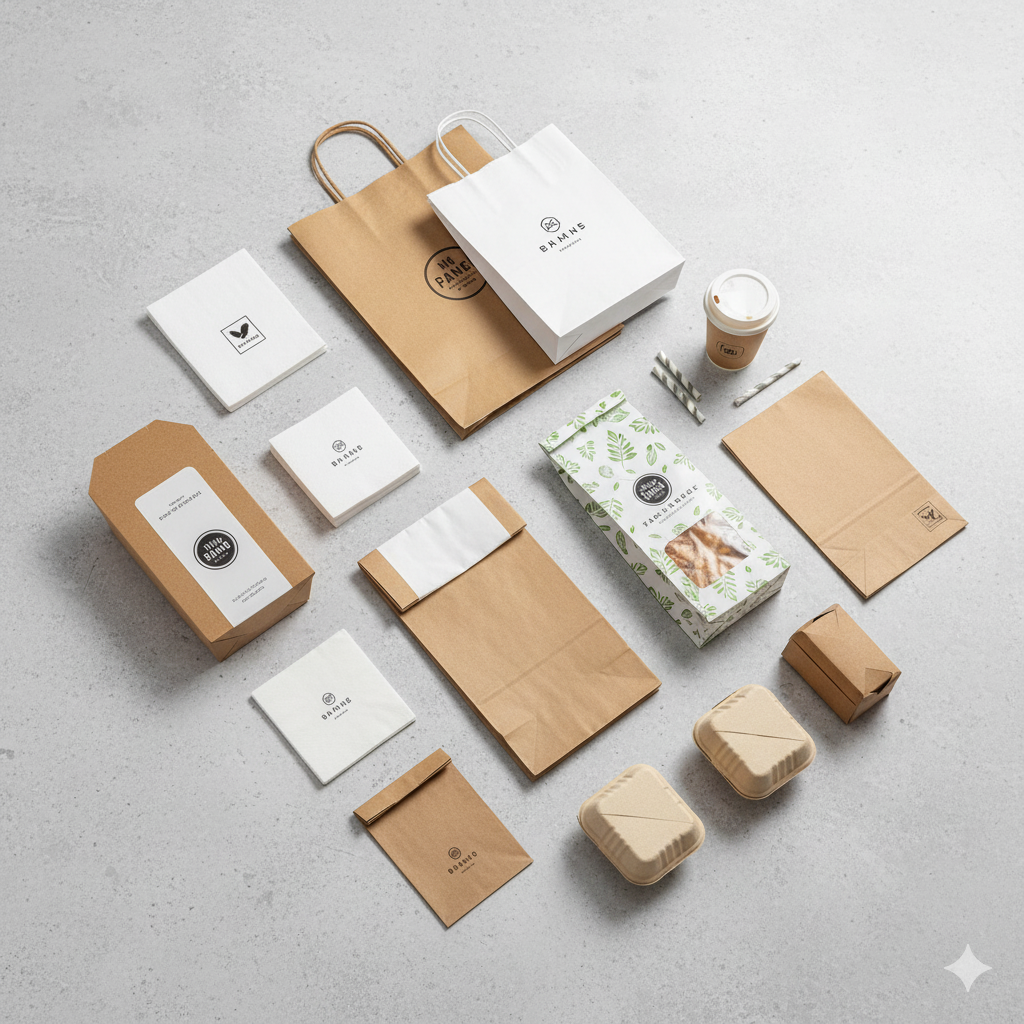 Sample paper bags and food containers